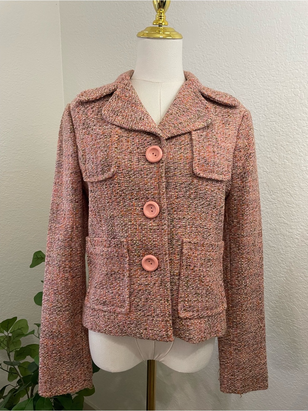 Vintage GAP Pink Tweed Wool Blend Jacket Blazer Size 6 Fall 2005 Y2K